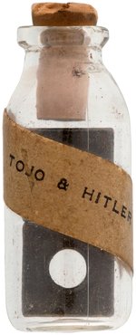RARE MINIATURE CORKED BOTTLE HOLDS 2 METAL NUTS WITH BOTTLE LABEL "TOJO & HITLER".