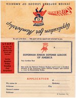 "SUPERMAN JUNIOR DEFENSE LEAGUE OF AMERICA" CLUB APPLICATION CARD.