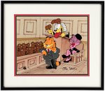 GARFIELD FRAMED "LADIES AND TEDDY BEARS OF THE JURY" COURTROOM ANIMATION CEL SIGNED BY JIM DAVIS.