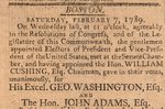 GEORGE WASHINGTON ELECTED PRESIDENT ANNOUNCEMENT IN THE MASSACHUSETTS CENTINEL FEB. 7, 1789.