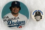 DODGERS VALENZUELA PAIR W/ONE MUCHINSKY BOOK PHOTO EXAMPLE BUTTONS.