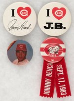 CINCINNATI REDS LOT OF THREE JOHNNY BENCH & ONE MUCHINSKY BOOK PHOTO EXAMPLE BUTTONS.