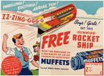 "MUFFETS - HUMMING ROCKET SHIP" PREMIUM STORE ADVERTISING SIGN.