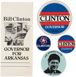 SIX EARLY CAREER BILL CLINTON CAMPAIGN ITEMS INCLUDING BUTTONS, POSTER AND MORE.
