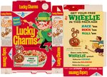 GENERAL MILLS "LUCKY CHARMS" FILE COPY CEREAL BOX FLAT WITH TRIX RABBIT "WHEELIE" OFFER.