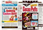 GENERAL MILLS "COCOA PUFFS" FILE COPY CEREAL BOX FLAT WITH BOBBING CUCKOO BIRD OFFER.