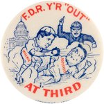 WILLKIE TAGGING ROOSEVELT "OUT AT THIRD" PRIZED POLITICAL AND BASEBALL BUTTON RARITY.