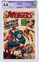 "AVENGERS" #4 MARCH 1964 CGC RESTORED 4.0 SLIGHT (B-1) VG (FIRST SILVER AGE CAPTAIN AMERICA).