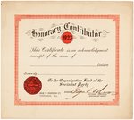 DEBS SIGNED SOCIALIST PARTY "HONORARY CONTRIBUTOR" CERTIFICATE.