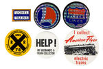 TOY TRAIN BUTTON AND BADGE GROUP.