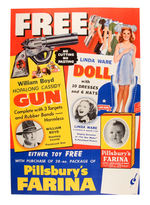 "WILLIAM BOYD HOPALONG CASSIDY" PILLSBURY'S FARINA PREMIUM RUBBER BAND GUN OFFER ON SIGN.