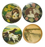 FOUR HUGE 9" DIA. CELLULOID ART PLAQUE BUTTONS FROM THE HAKE COLLECTION.