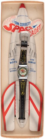 "TOM CORBETT SPACE CADET" BOXED WATCH WITH ROCKET INSERT.