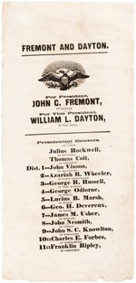 "FREMONT AND DAYTON" OVERSIZED MASSACHUSETTS 1856 REPUBLICAN CAMPAIGN BALLOT.