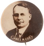 "JAMES M. COX" SCARCE 1" SEPIA TONED REAL PHOTO BUTTON.