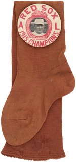 1915 "BOSTON RED SOX A.L. CHAMPIONS" W/BILL CARRIGAN LARGE BUTTON ON FABRIC RED STOCKING.
