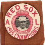 1915 "BOSTON RED SOX A.L. CHAMPIONS" W/BILL CARRIGAN LARGE BUTTON ON FABRIC RED STOCKING.
