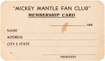 1952 MICKEY MANTLE (HOF) "FAN CLUB MEMBERSHIP CARD".