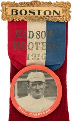 1916 BOSTON RED SOX ROOTERS/BILL CARRIGAN RIBBON BADGE W/BUTTON & STOCKING.