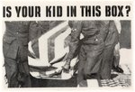"IS YOUR KID IN THIS BOX" CLASSIC ANTI-VIETNAM WAR BUTTON.