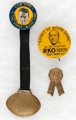KNUTE ROCKNE TWO MOVIE INSPIRED BUTTONS FROM 1931 AND 1940 PIN "WORLD PREMIER" IN SOUTH BEND, IN.