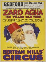 BERTRAM MILLS' CIRCUS - ZARO AGHA - THE OLDEST MAN IN THE WORLD CIRCUS POSTER ORIGINAL ART.