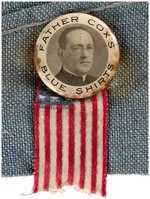 FATHER COX'S BLUE SHIRTS BUTTON ON GARRISON CAP C. 1932 PRESIDENTIAL CAMPAIGN.