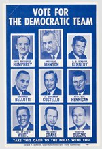LBJ 1964 HAND-OUT CARD WITH HHH, TED KENNEDY FOR SENATOR AND 6 OTHERS.