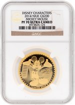 2014 1 OZ. NIUE $200 GOLD DISNEY CHARACTERS MICKEY MOUSE NGC PF70 ULTRA CAMEO PROOF.