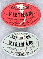 "GET OUT OF VIETNAM" PAIR OF OVAL ANTI-VIETNAM WAR BUTTONS.