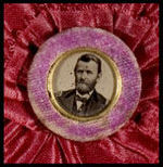 GRANT HANDSOME FERROTYPE STICKPIN WITH ORIGINAL SILK COCKADE AND RIBBONS.