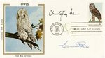 CHRISTOPER LEE, PETER CUSHING & VINCENT PRICE SIGNED FIRST DAY COVER WITH "OWLS" SILK CACHE.