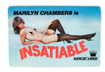 MARILYN CHAMBERS "INSATIABLE" ADULT VIDEO STORE PROMOTIONAL BADGE.