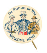 CLASSIC WWI UNCLE SAM "WELCOME HOME" BUTTON FROM HAKE COLLECTION & CPB.