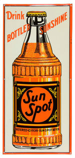 "SUN SPOT DRINK BOTTLED SUNSHINE"LIGHTLY EMBOSSED TIN LITHO STORE SIGN WITH LARGE BOTTLE.