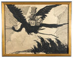 FAIRYTALE KING AND GNOME RIDING LARGE BIRD WALTER HUBER FRAMED ILLUSTRATION ORIGINAL ART.