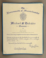 SONS OF UNION VETERANS OF THE CIVIL WAR TRAY/CERTIFICATE SIGNED BY DUKAKIS.