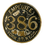 HAKE COLLECTION YORK, PA TROLLEY EMPLOYEE BADGE EARLY 1900s.