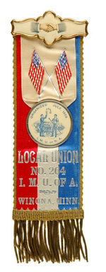 ORNATE IRON MOLDERS UNION RIBBON BADGE CIRCA 1896.