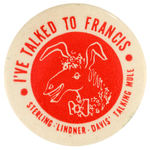 RARE DEPARTMENT STORE BUTTON FOR FRANCIS THE TALKING MULE.