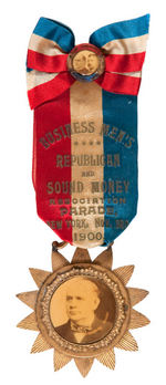 OUTSTANDING 1900 RIBBON BADGE WITH McKINLEY/TR JUGATE STICKPIN AND MARK HANNA ORNATE SUSPENSION.