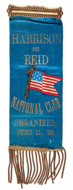 "HARRISON AND REID NATIONAL CLUB" 1892 RIBBON.