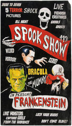 "ALL NIGHT SPOOK SHOW" ART SIGN FEATURING DRACULA, FRANKENSTEIN & MUMMY.