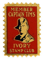 "MEMBER CAPTAIN TIM'S IVORY STAMP CLUB" FIGURAL BADGE.