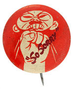 "'SO SORRY'" WITH FIST SMASHING THE CHIN OF JAPANESE PRIME MINISTER TOJO RARE WWII BUTTON.