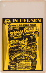 "GIANT CHILLER-DILLER SCREAM SHOW" SPOOK SHOW WINDOW CARD FEATURING DRACULA, FRANKENSTEIN & WOLFMAN.