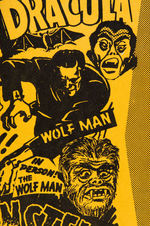 "GIANT CHILLER-DILLER SCREAM SHOW" SPOOK SHOW WINDOW CARD FEATURING DRACULA, FRANKENSTEIN & WOLFMAN.