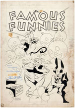 “FAMOUS FUNNIES” #135 ORIGINAL 1945 COMIC BOOK COVER ART BY STEPHEN DOUGLAS SIGNED TO AL WILLIAMSON.