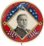 RARE TAFT PORTRAIT BUTTON FEATURING EAGLE HEAD AND CROSSED FLAGS ACCENTED BY GOLD.