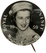 FIVE BRITISH ROYALTY BUTTONS INCLUDING PRINCESS ALEXANDRA AND QUEEN ELIZABETH II.